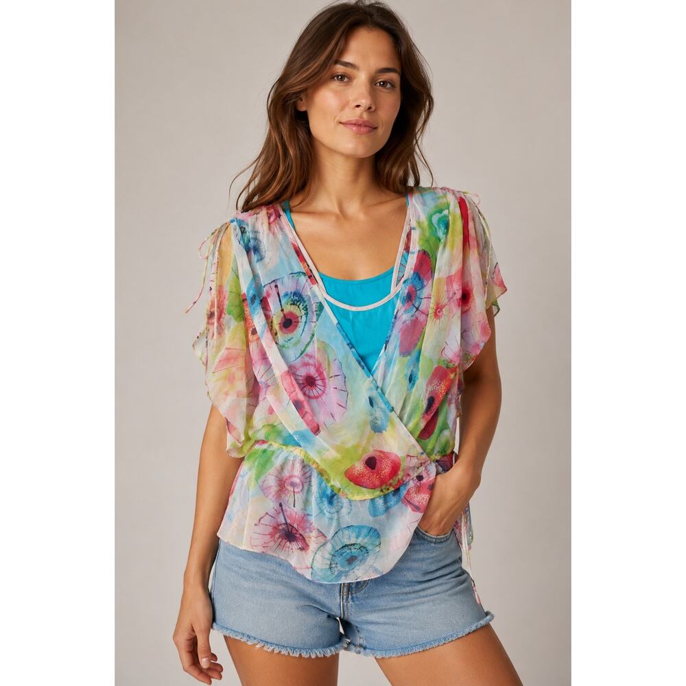 DVF Silk Watercolor Floral Sheer Wrap Blouse Top Size 4